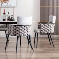 Mid-Century Modern Dining Chairs Set of 2, Handmade Woven Kitchen Chairs, Upholstered Velvet Dining Chairs with Metal Legs for 1