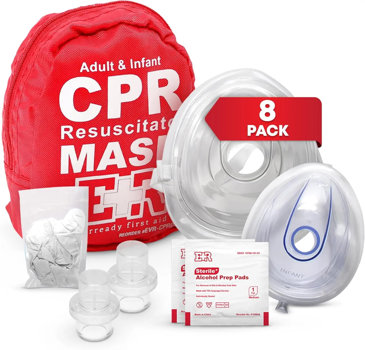 8-Pack CPR Mask Kit with Adult & Infant Masks, Valves, Gloves, Alcohol ...