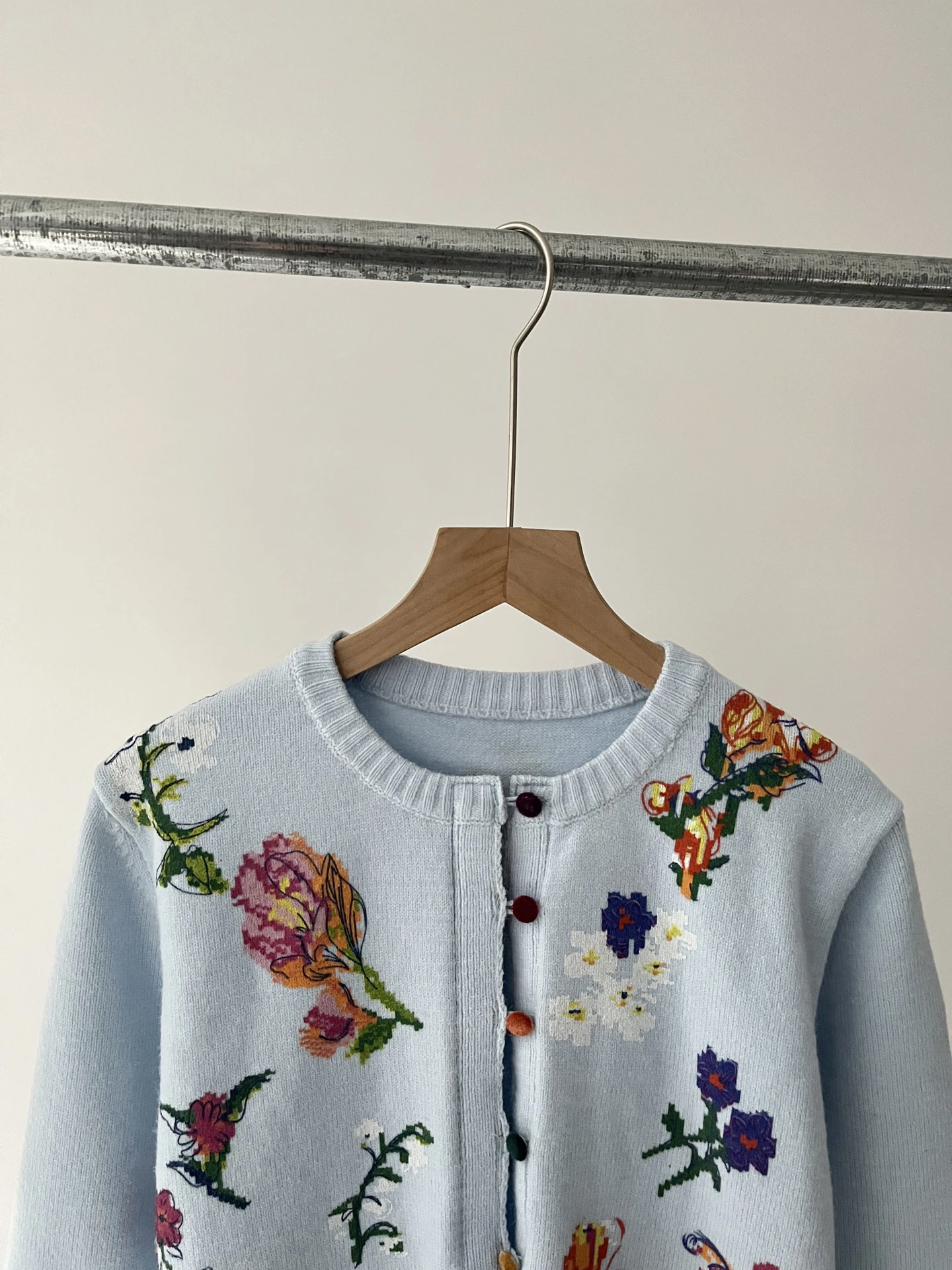 Temperament Versatile Long Sleeve Printing Crew Neck Knitted Cardigan Flower Sequin Blue Sweater 51c-PB 3