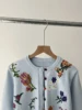 Temperament Versatile Long Sleeve Printing Crew Neck Knitted Cardigan Flower Sequin Blue Sweater 51c-PB 3