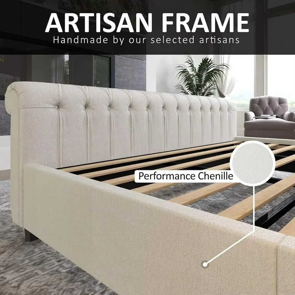 Queen Size Platform Bed Frame, Chenille Upholstered Sleigh Bed with Scroll Wingback Headboard  Footboard/Button Tufted,Bed Frame 2