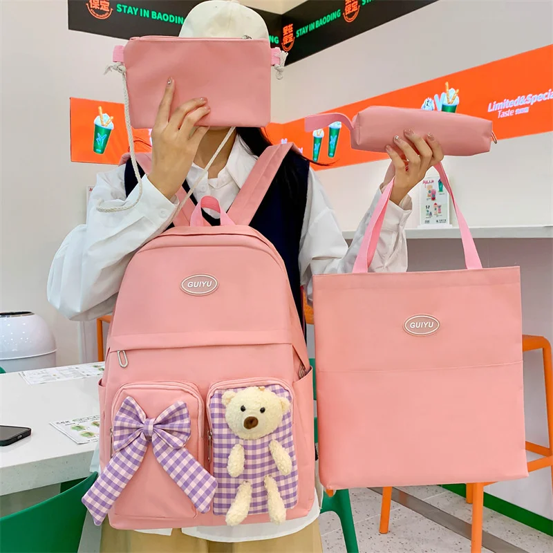 

4 Pcs Kawaii Canvas Schoolbag for Teenage Girls College Cute Backpack Purse Large Capacity Satchel Student Shopper Rucksack