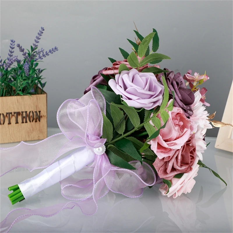PE Rose Ribbon Hand Flower Bridal Wedding New Wedding Elegant Bouquet Party  Church Layout Supplies Handmade PE302