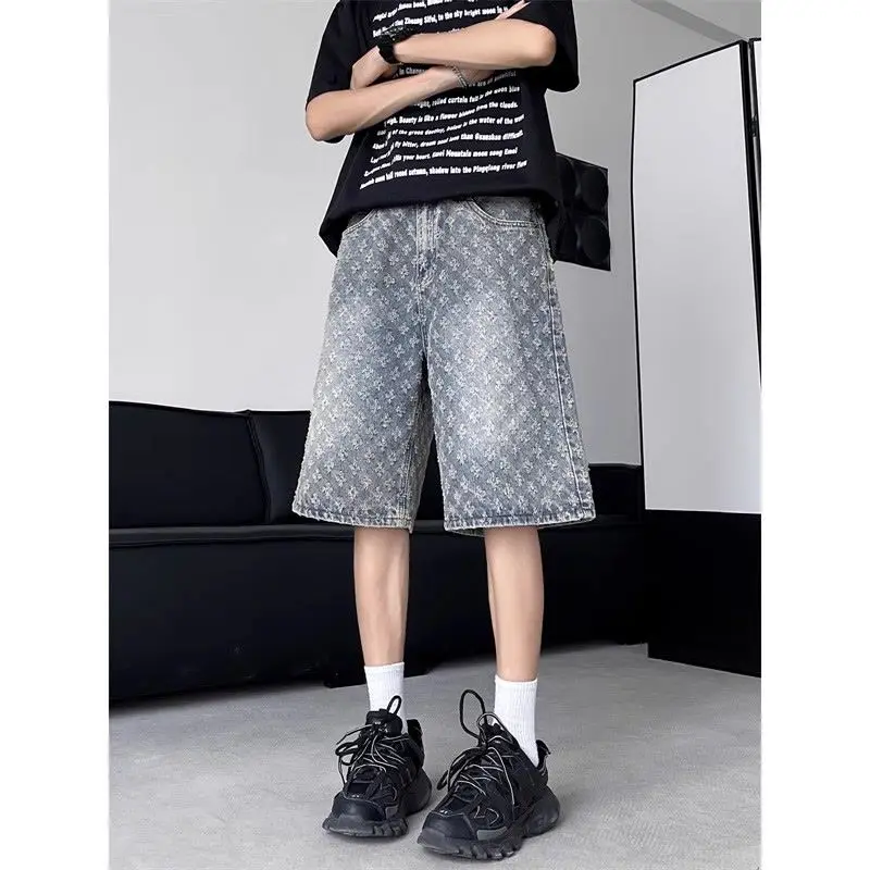 American retro fashion design ripped denim shorts for men summer trendy high street fashion retro mid-pants