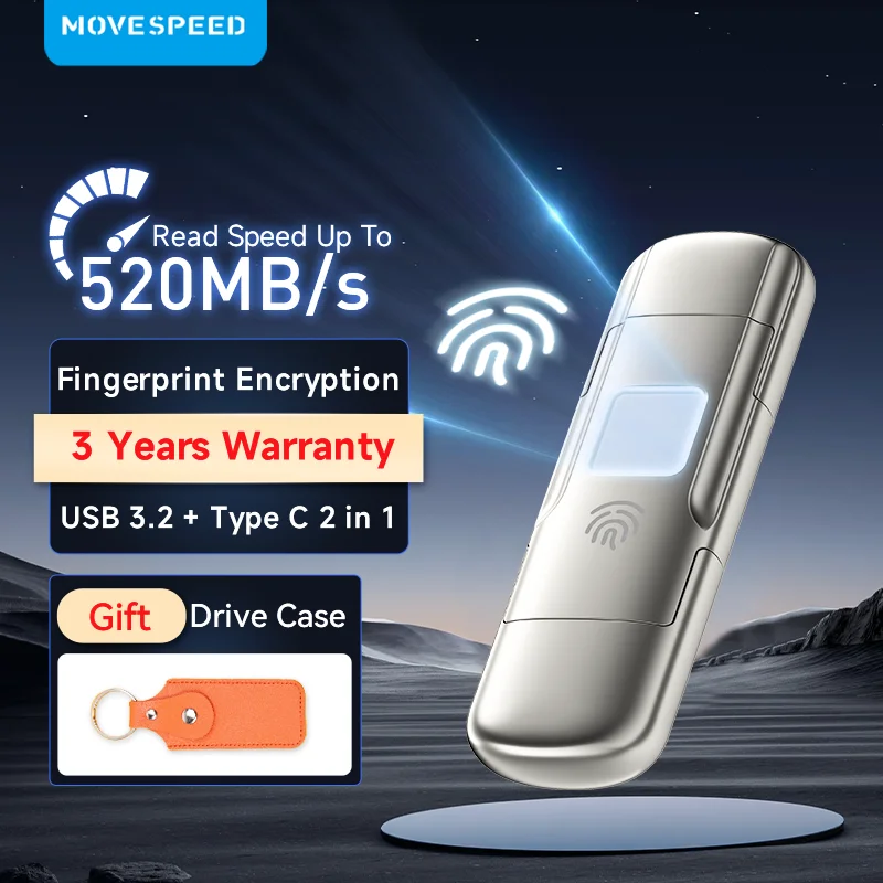 

MOVESPEED 520MB/s USB3.2 Solid State Pendrive AES256 & Fingerprint Encryption 1TB USB Type C Gen 2 Flash Drive 128GB 256GB 512GB