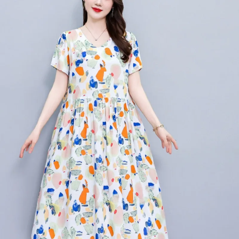 

Minimalist Office Lady Summer Women's Round Neck Printing Patchwork Fashion Versatile Short Sleeves Loose A-line Midi Dress