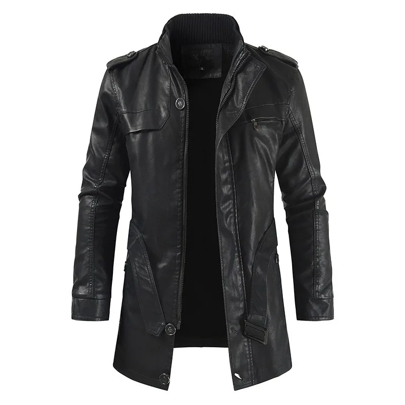2023 New Men Trendy Mid-Length Motorcycle Leather Outwear Winter Fleece-Lined Casual Youth Stand Collar Leather Wind Coat