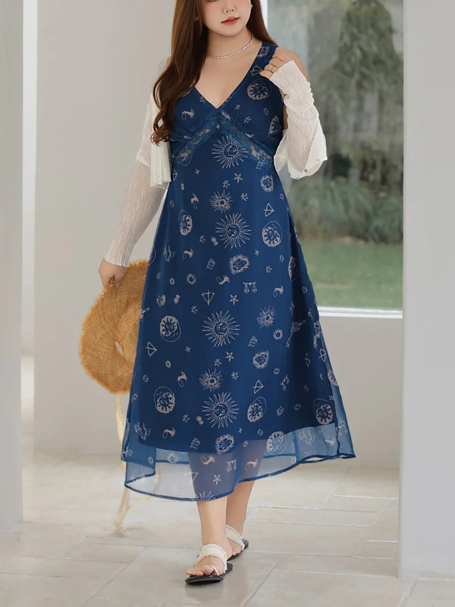 Women's Plus Size Modern Nautical Tank Dress With V-Neck Premium A-Line Galaxy Ocean Print Design Sleeveless Sundress