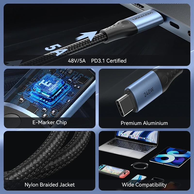 รูปสินค้า สายชาร์จ USB-C 240W ชาร์จเร็ว PD3.1 สำหรับมือถือและแท็บเล็ต