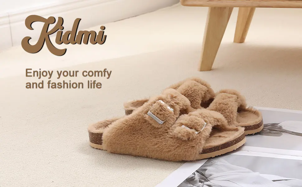 Comwarm Winter Flauschige Damen-Hausschuhe mit Fußgewölbeunterstützung, offene Zehenpartie, Kork-Hausschuhe, pelzige Damen-Sandalen mit verstellbarer Schnalle – Detail 6