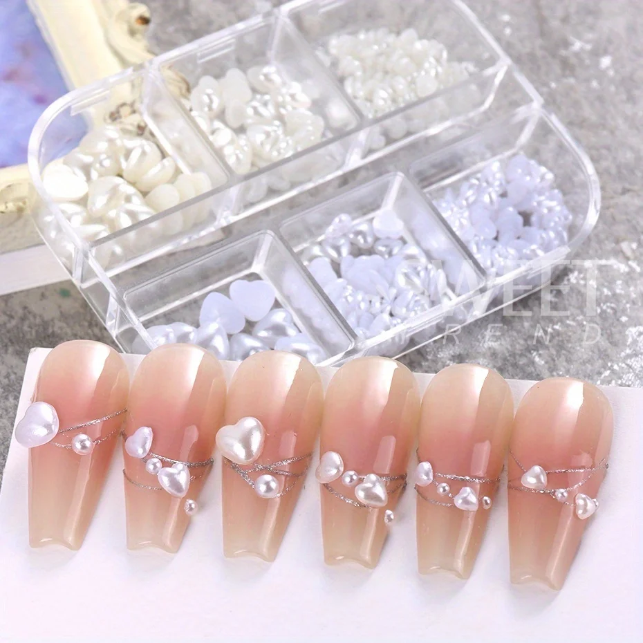 6 Grids Peach Heart Pearl Nail Charms Jewelry Natural White Flatback Beads Craft Decor Summer Elegant Wedding Accessory Ornament