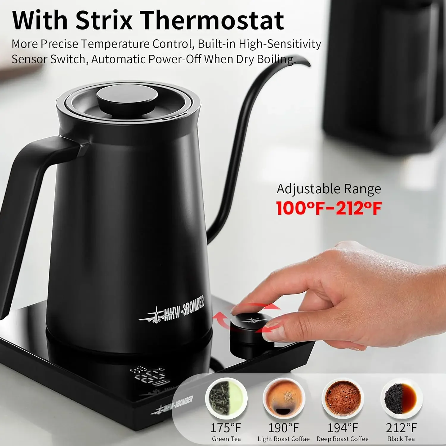 3BOMBER Gooseneck Electric Kettle, Pour-Over Coffee Kettle Tea Kettle Beginner Friendly Precise Temperature Control LED Display 3