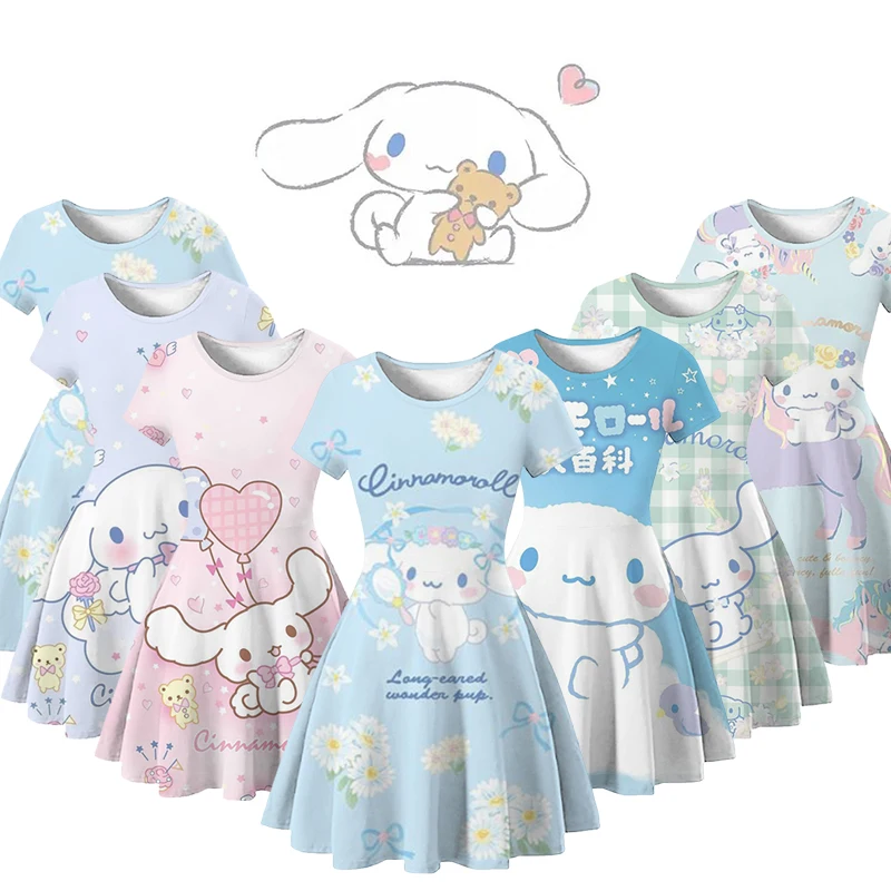 

Miniso Cinnamoroll платье для девочек, детское летнее платье принцессы с коротким рукавом, детское платье на день рождения, с 3D принтом, повседневная одежда 12T