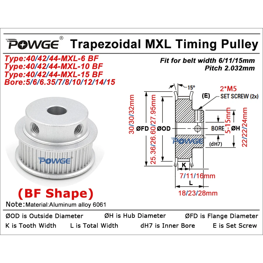 Trapezoidal 40 42 44 teeth MXL Timing Pulley Bore 5/6/6.35/7/8/10/12/14/15/16/19/20mm for belt width 6/10/15mm 40T 42T 44T