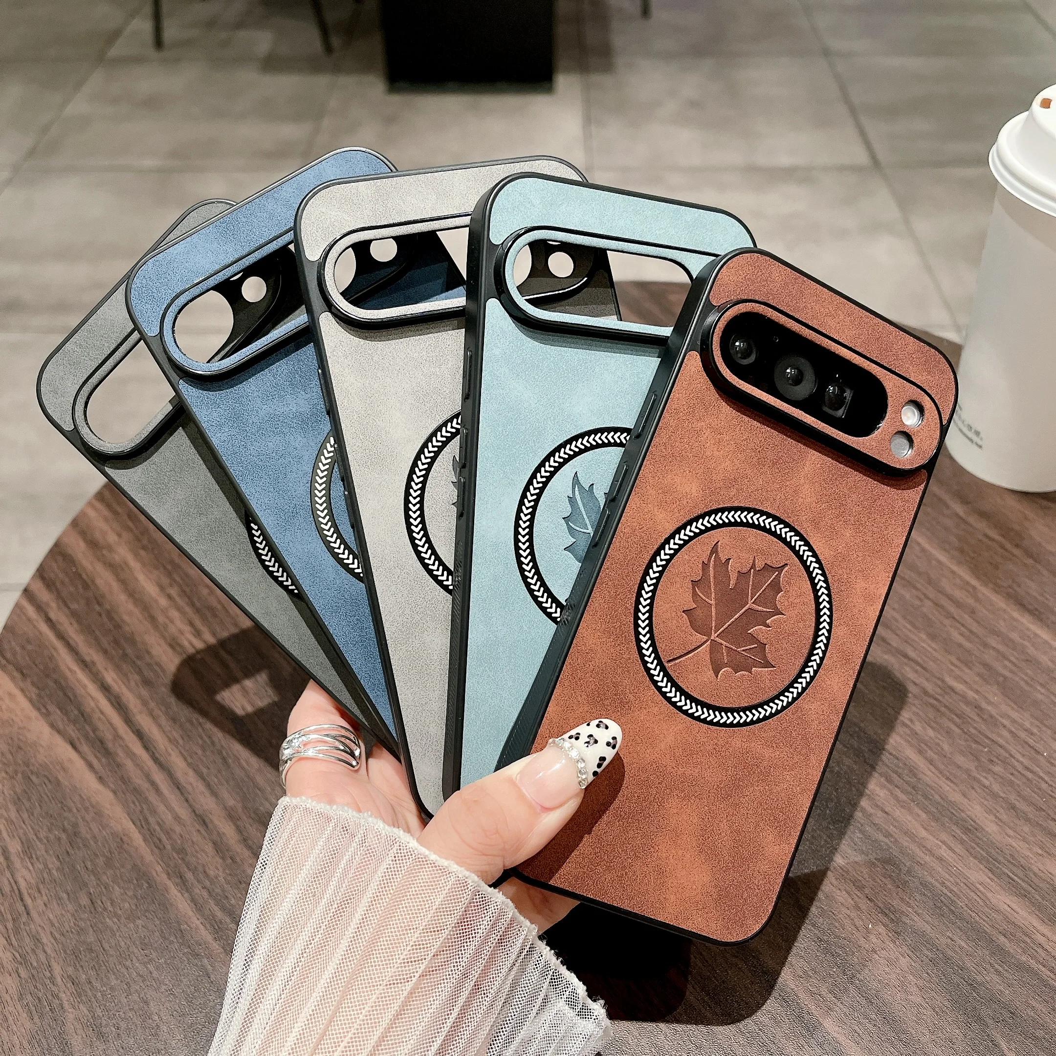 Luxury Leather Maple Leaf Phone Case with Magnetic Wireless Charging Capability