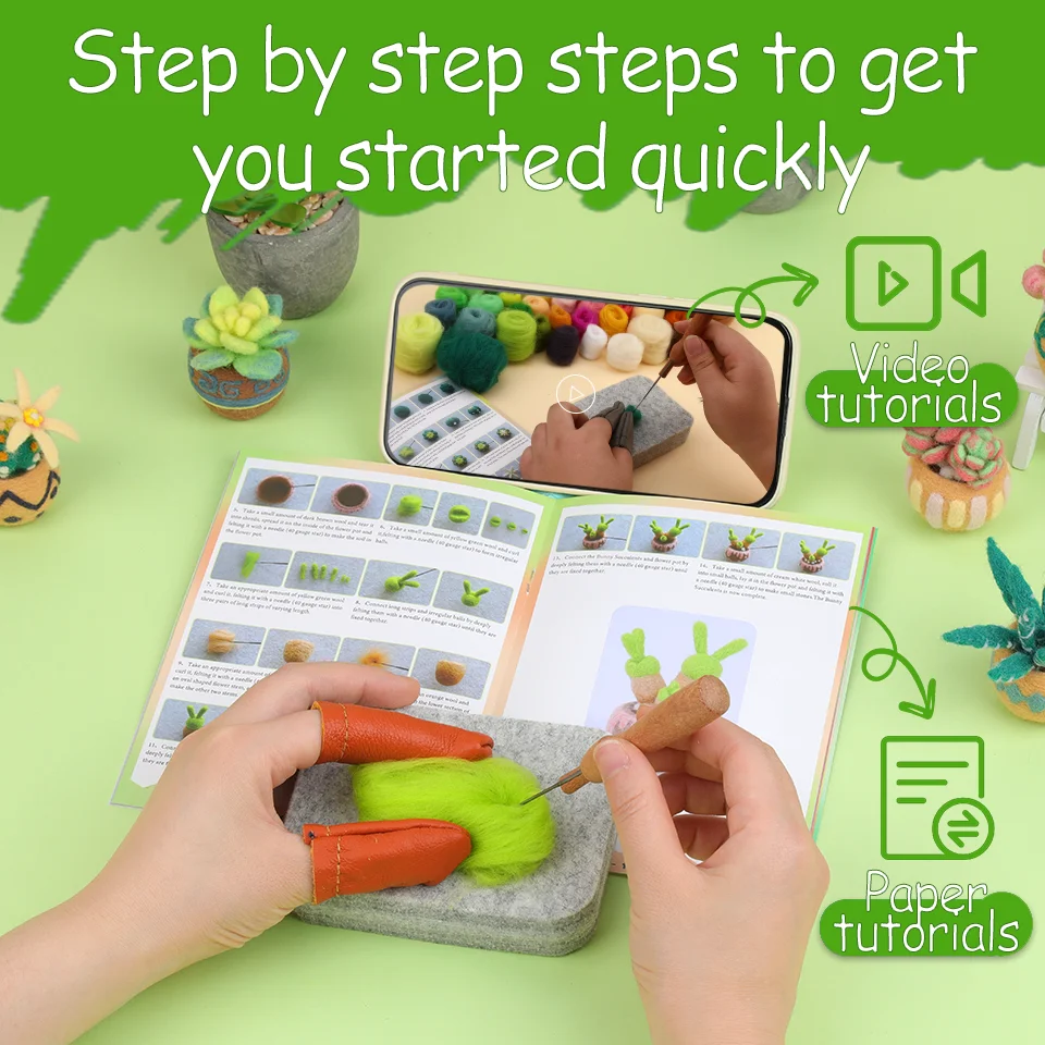 BUDDUR Succulent Potted Plant Wool Felting Kit With Instruction and Felting Needles Beginners DIY Handmade Craft Accessories
