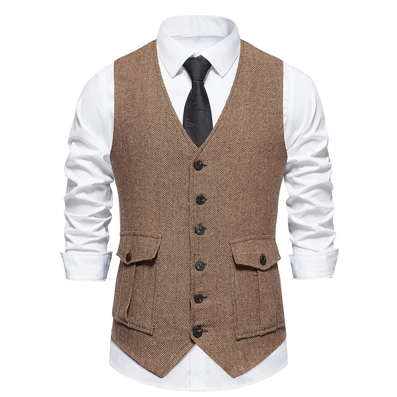 Mens Vintage Suit Vest V Neck Casual Wool Waistcoat for Wedding Groomsmen dress vests