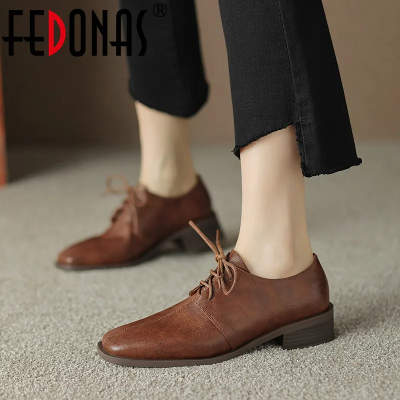 

FEDONAS Newest Women Pumps Thick Heels Cross-Tied Square Toe Office Lady Classic Genuine Leather Shoes Woman Spring Summer Basic