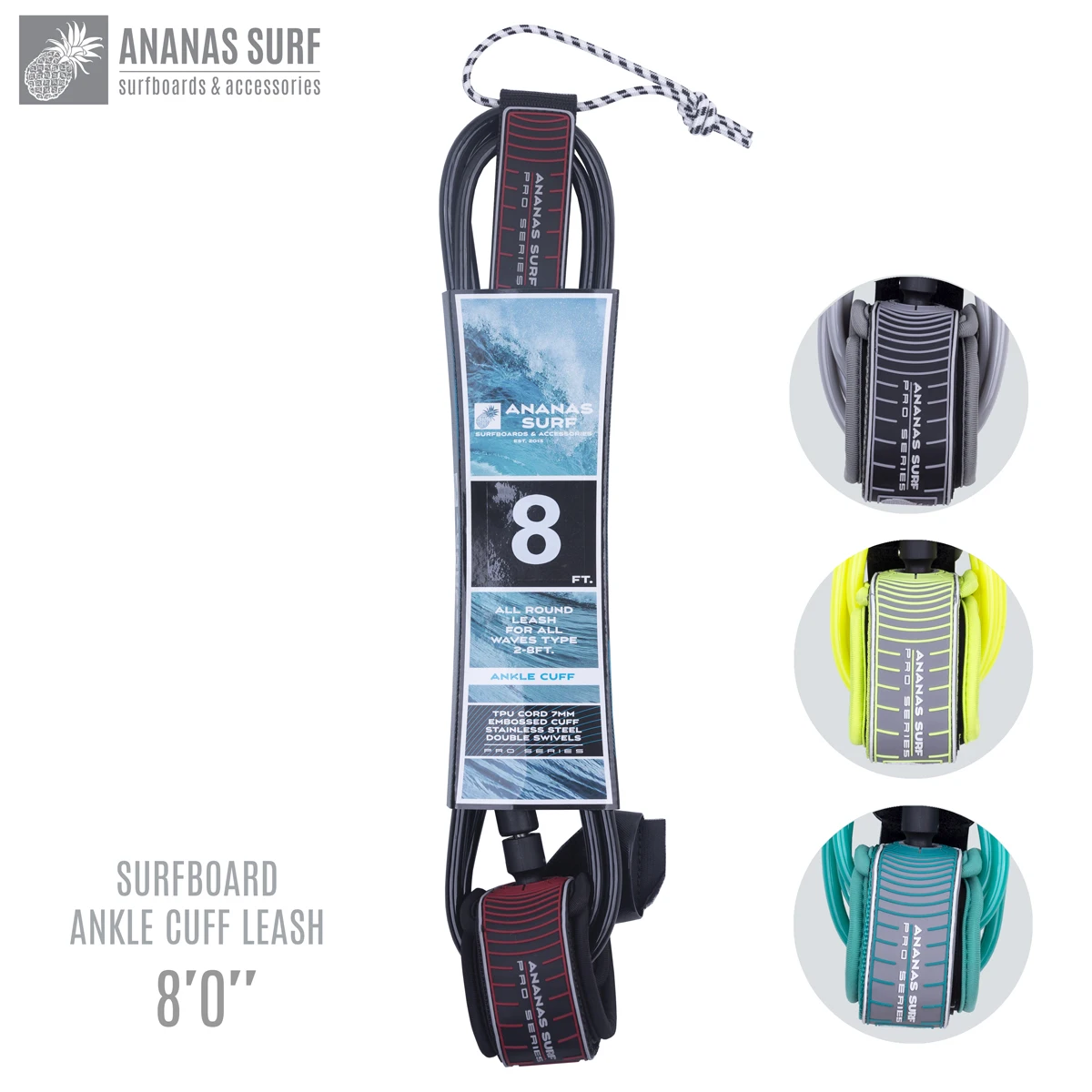 Ananas Surf 8ft. 244 cm. Long Surfboard Leash Ankle Cuff Foot Leg