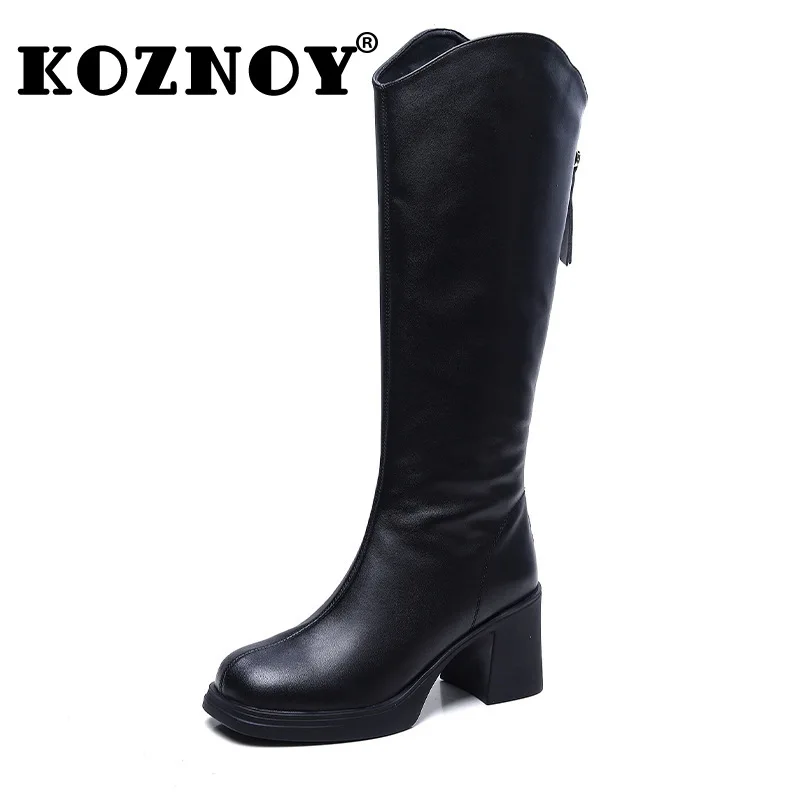 

Koznoy 7.5cm New Genuine Leather Autumn Chunky Heels Boots Women Chimney Booties Microfiber Fashion Knee High Spring 2024 Shoes