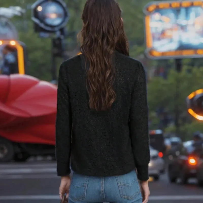 Spring and Autumn New Fashionable Women's Elegant Lace Lace Long Sleeve Shirt Half High Collar Button Casual Top