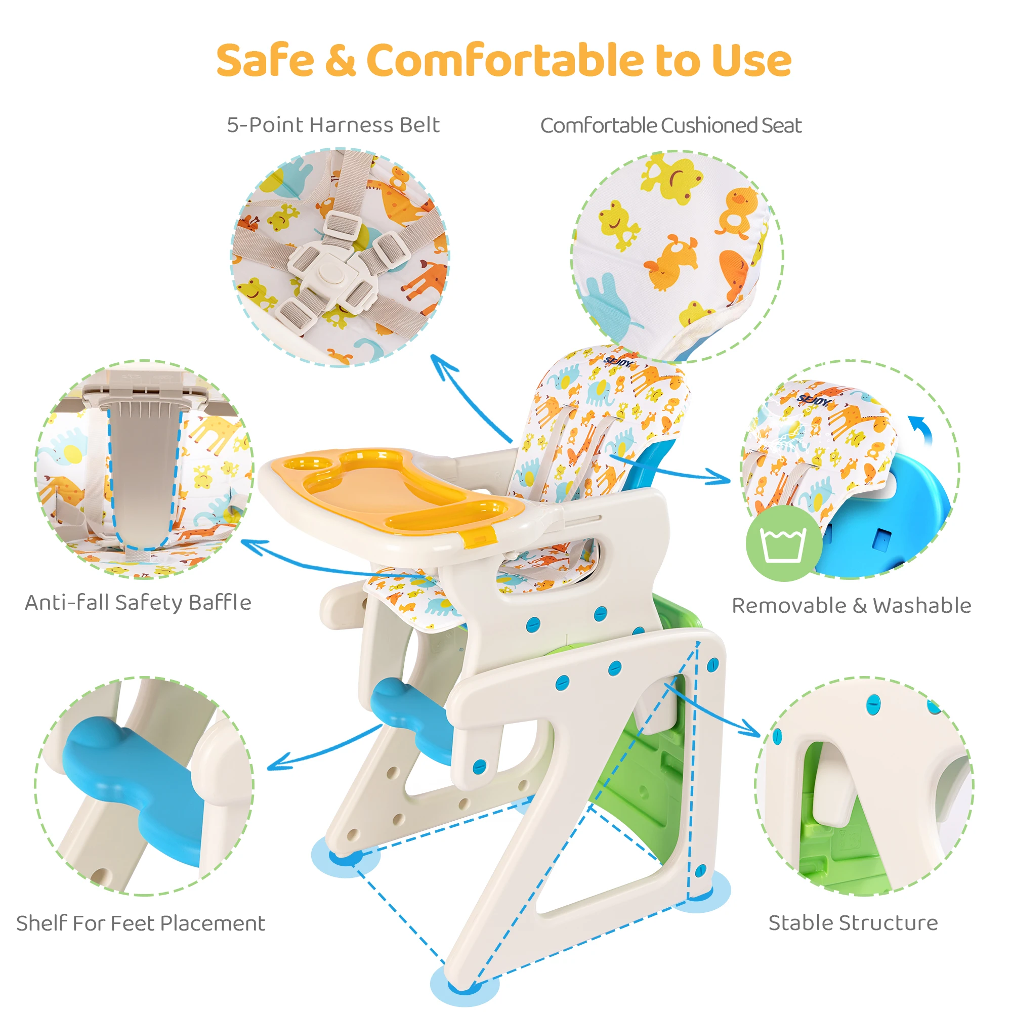 Sejoy Baby High Chair, Toddler Chair Highchairs with Adjustable Seat Back Detachable Seat Cushion for Baby Infants Toddlers