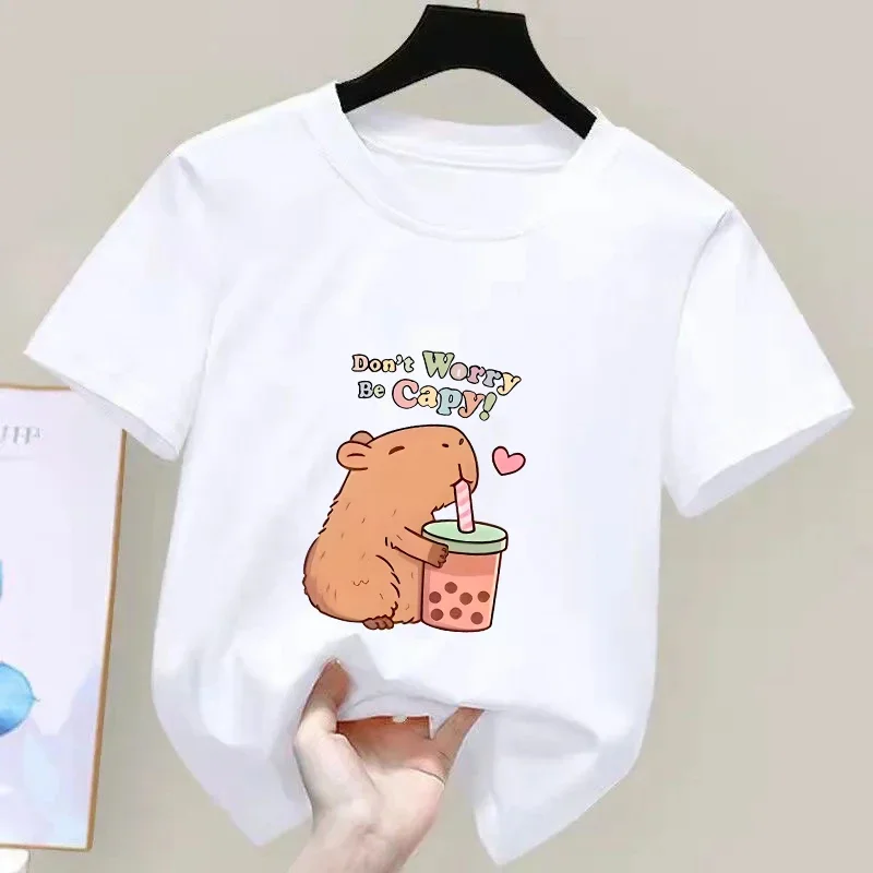 Capybara Kids Summer Cartoon Print 100% Cotton Short Sleeve Crewneck Casual Girls' Fashion Tee