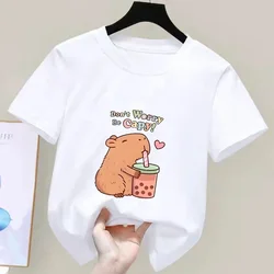 Capybara Kids Summer Cartoon Print 100% Cotton Short Sleeve Crewneck Casual Girls' Fashion Tee - 130 (2)
