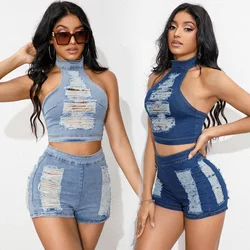 New Hot Sexy Bubble Butt Short Sets Women Summer Denim Top and Shorts Women's Jeans Shorts Casual Blue Ripped Shorts Mini