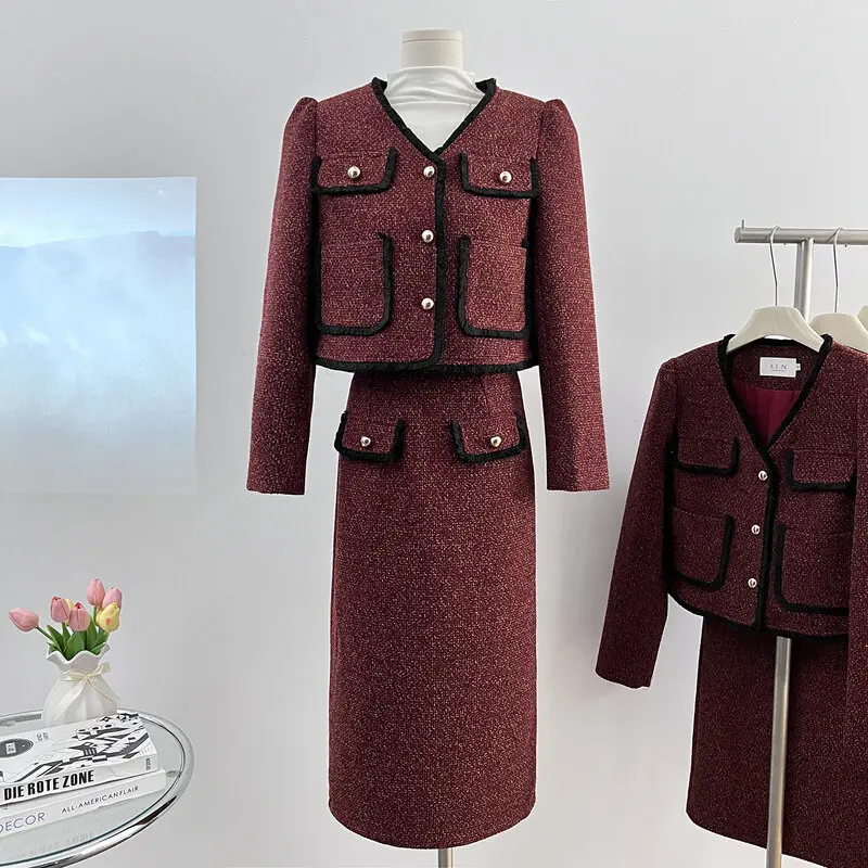 

New Autumn Winter Tweed Women Two Piece Set Vintage Office Lady Single Breasted Jacket + Female Slim High Waist Mid Skirt Suit