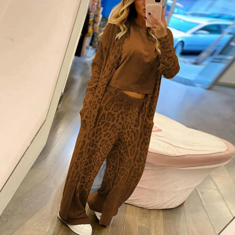 

Women Sexy V-neck Long Sleeve Long Cardigan & Straight Pant Outfits Casual Loose Leopard Print Suit Elegant High Street 2Pc Set