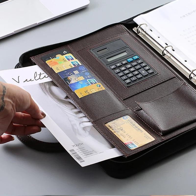 Portable Business Folder Multi Functional Leather Manager Clip A4 Zipper Handheld File Bag File Storage Clip Office