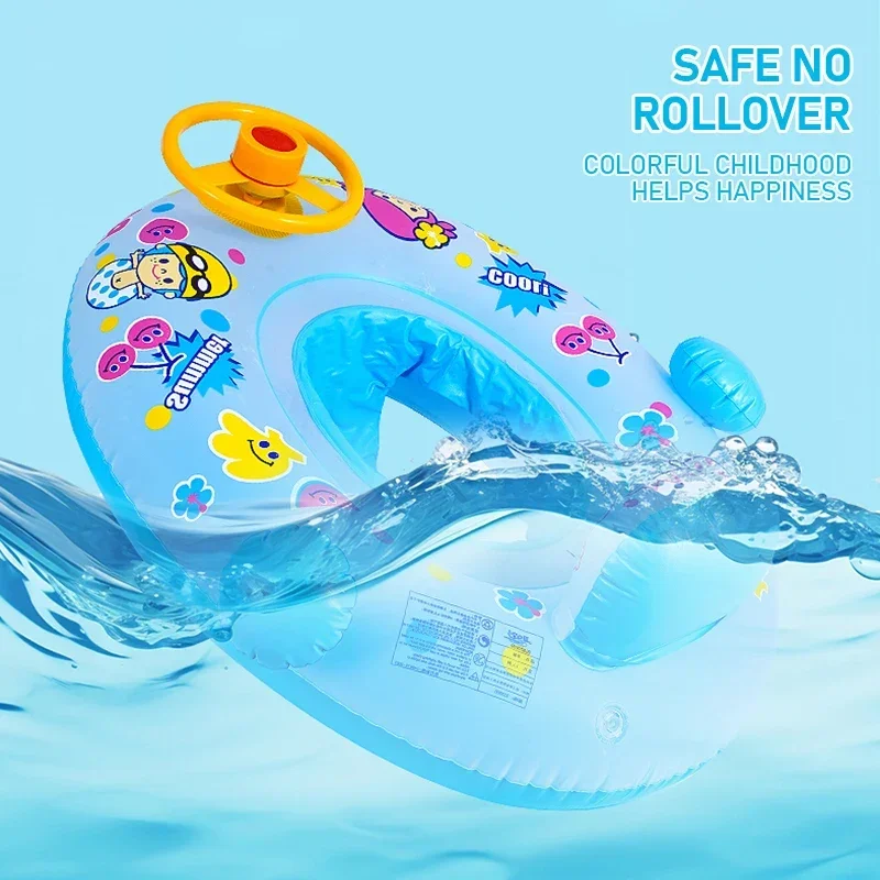 Water Floating Swimming Ring with Steering Wheel Summer Seat Pool Beach Water Toys for Kids Outdoor Sunshade Inflatable Toys