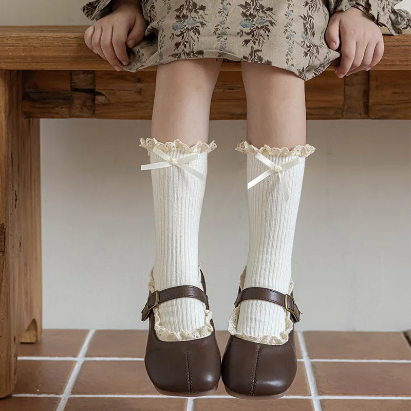 Kids Lace White Socks for Girls Retro Lace Ruffle Bow Calf Socks for Children Spring Autumn Soft Cotton Lolita School Stockings