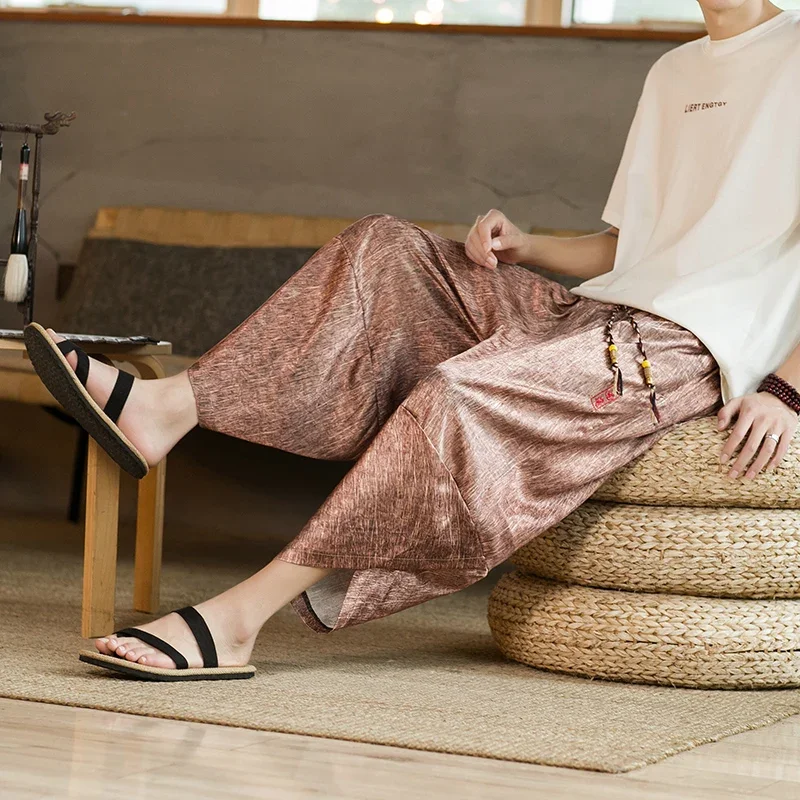 Ice Silk Pants Men Japanese Samurai Shorts Loose Casual Harajuku Men Calf-Lenght Pants Retro Yukata Wide Leg Trousers Streetwear 4