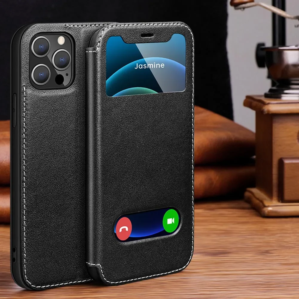 Luxury Genuine Leather Flip Cover with Window - Premium Book-Style Case