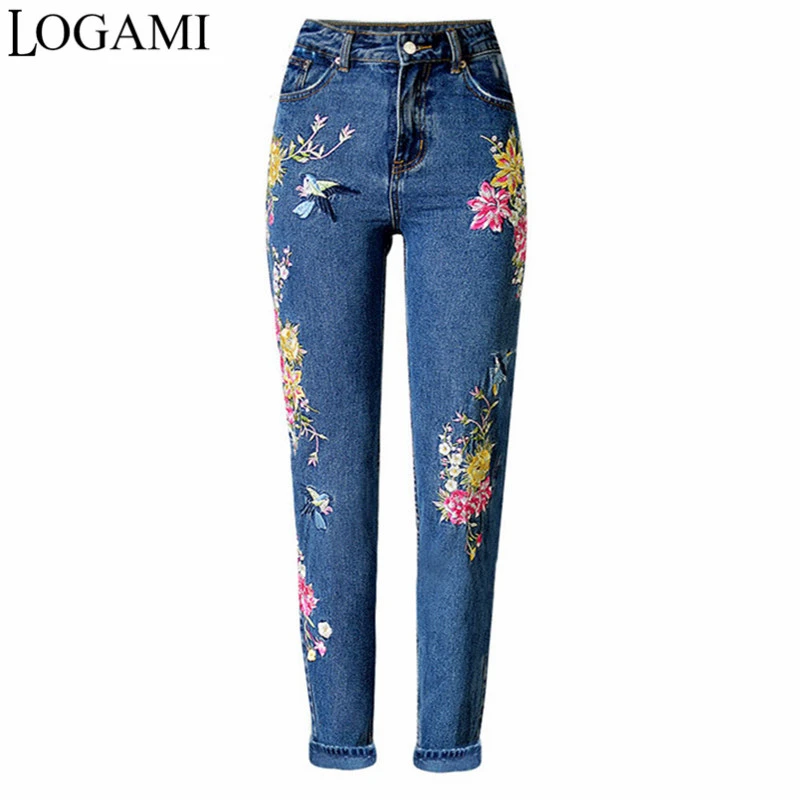 LOGAMI pantalones vaqueros bordados para mujer, Vaqueros rectos con bordado Floral de pájaro|embroidered jeans|jean women pantsembroidered jeans women -