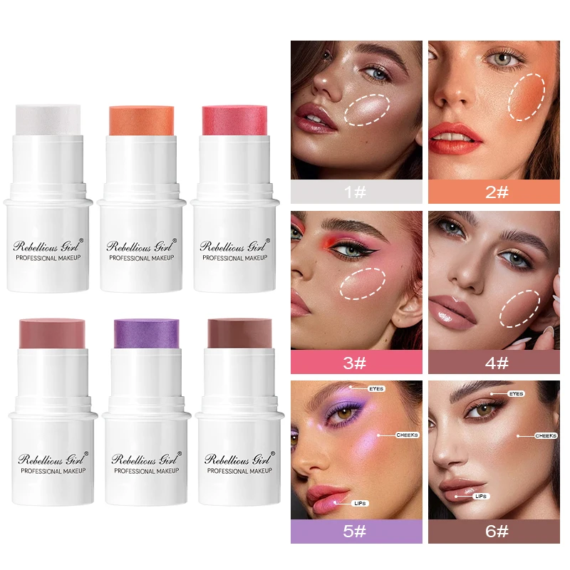 Multi-Tone Creamy Highlighter Blush Stick Makeup Long-Lasting Waterproof Simple High Lip Natural Stereo Concealer Blush Stick 2