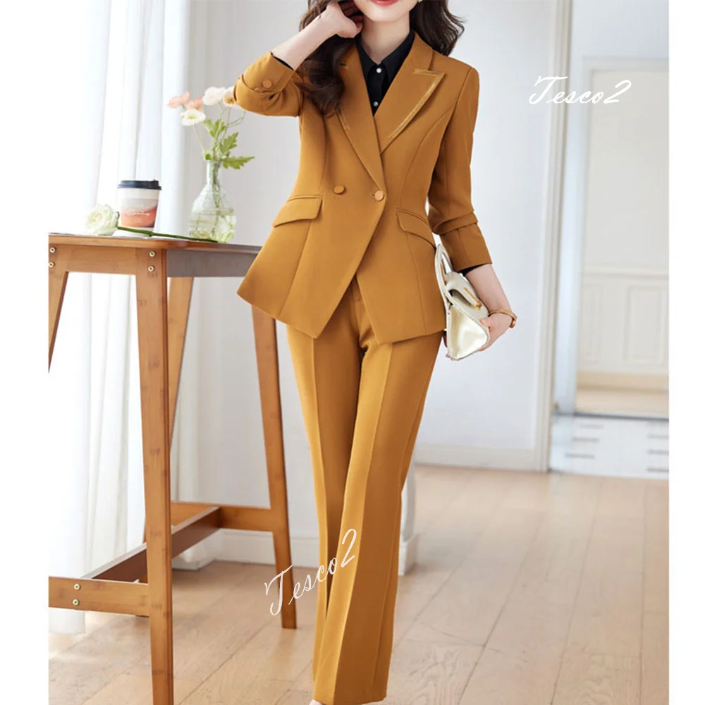 Tesco Women's Fashion Suit 2 Piece Notch Collar With Sequins Blazer+Pants Yellow Black Formal Casual Female Jacket Set For Party