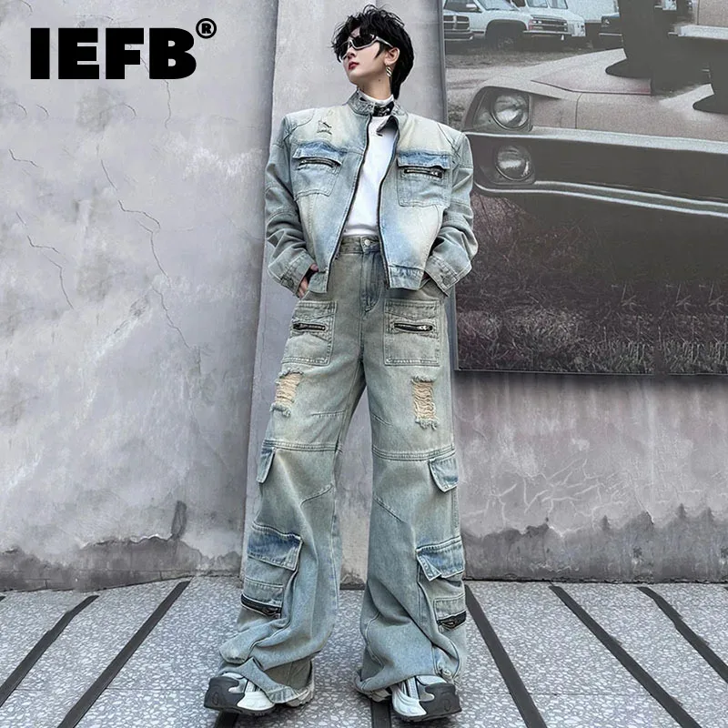 

IEFB Men's Denim Suit Niche Design Ripped Stand Collar Patchwork Male Jackets Hollow Out Multi-pocket Cover Men Jeans New 9C4664
