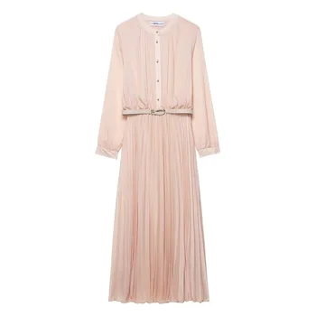 Elegante Abito Midi con Cintura, Maniche Lunghe, Plissettato, alla Moda Autunno 2025, in Poliestere, Vita Alta, Stile Streetwear