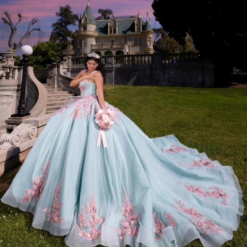 Aqua Blue Off The Shoulder Quinceanera Dress Lace Applique Sequins Beading Tull Mexican Sweet 16 Vestidos De XV 15 Anos