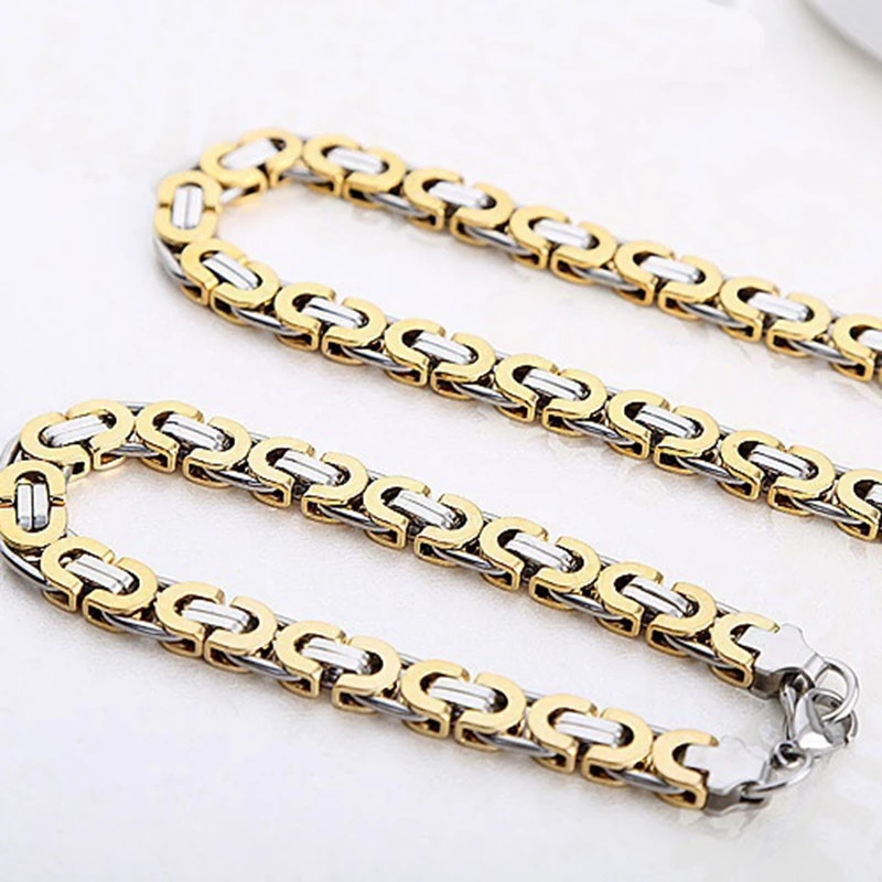 8mm Set Jewelry High Quality Polished Necklace Bracelet for Men Women Flat Byzantine Chain Stainless Steel Set Jewelry