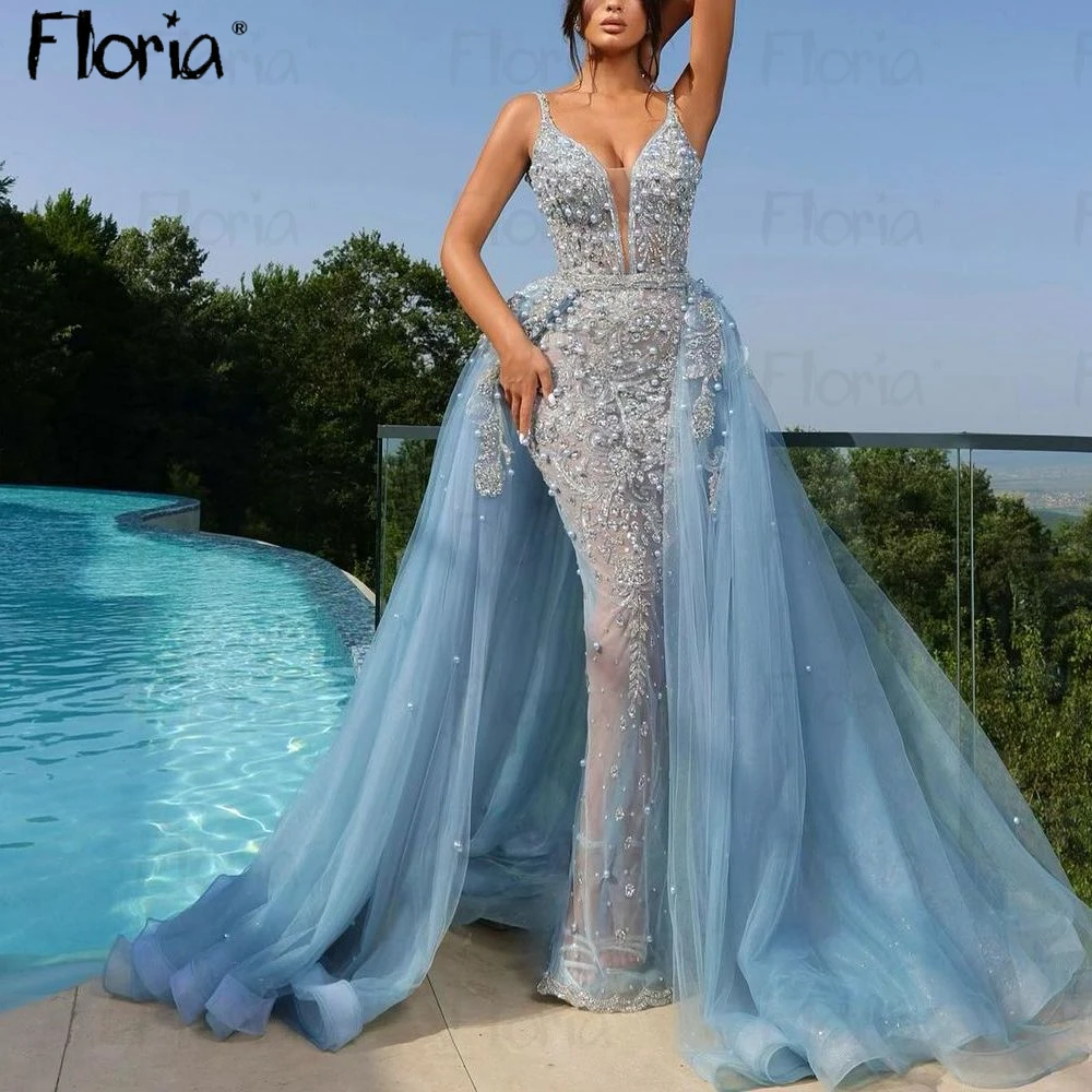 

Light Blue Pearls Spaghetti Straps Evening Dress With Tulle Tain 2023 Beaded Beautiful Prom Gowns Women Pageant Robes Dubai Gown