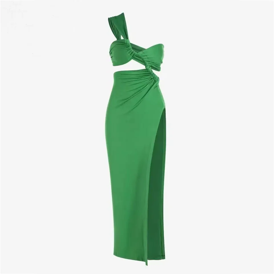 2024 Women's Solid Color Swimsuit One Shoulder Slit Maxi Beach Dress Sexy Backless Party Outfits Luxury Bathing Suit Beachwear