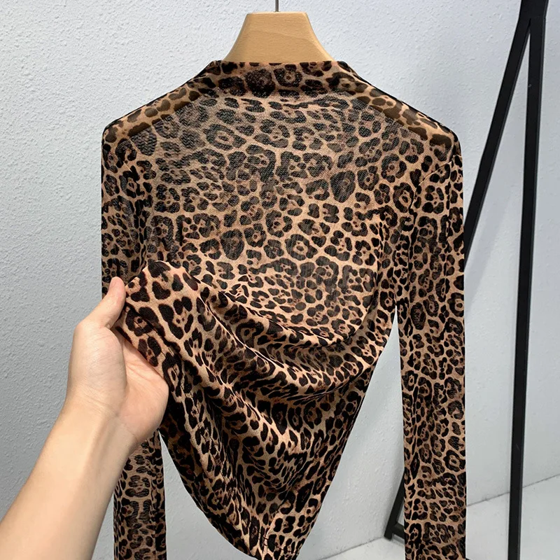 

HIgh Quality 2024 Women Tops Winter Autumn Leopard Print T - Shirt Female Gauze Clothing Sexy Crop Top Clothes Casual Blouse Y2k