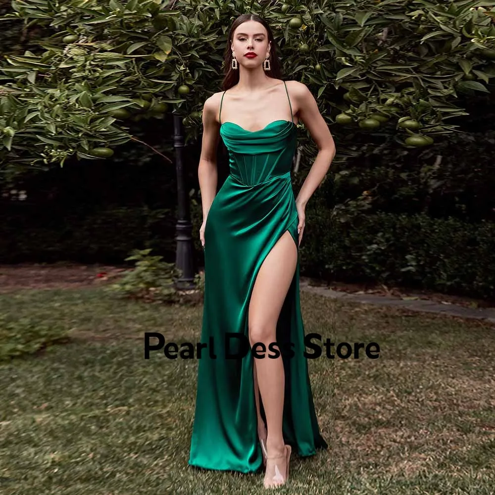 

2023 Emerald Green Long Split Prom Dress Sexy Shoulder Strap Soft Satin Formal Evening Dress Robe De Soiree Back Zipper