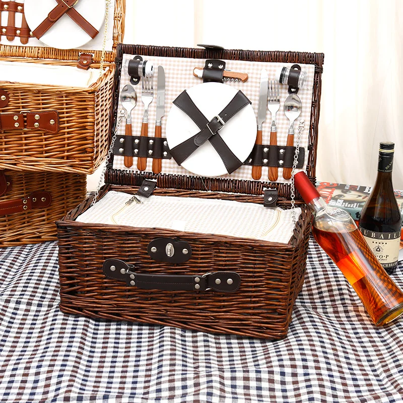 Rattan wicker picnic basket outdoor picnic household storage basket fruit steak vegetable basket with cutlery 6