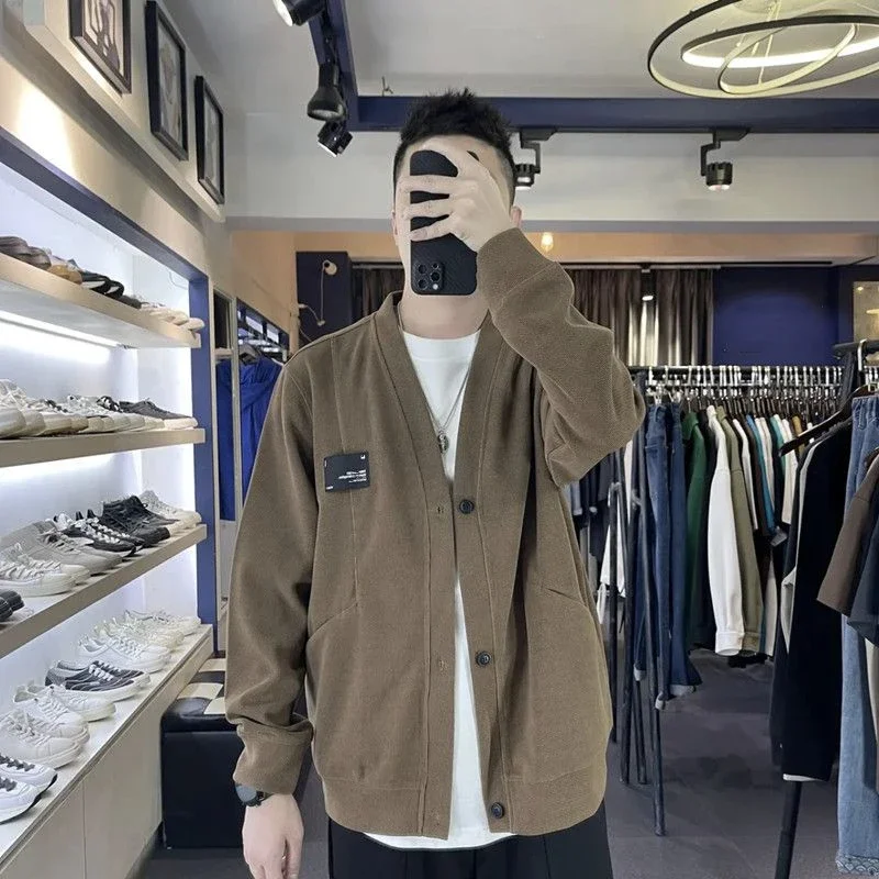 Description Picture 6 of itemNo Hoodie Black V Neck Men's Clothing Cardigan Knit Sweater Male Loose Fit Free Shipping Y2k Vintage Korean Style New in Overfit