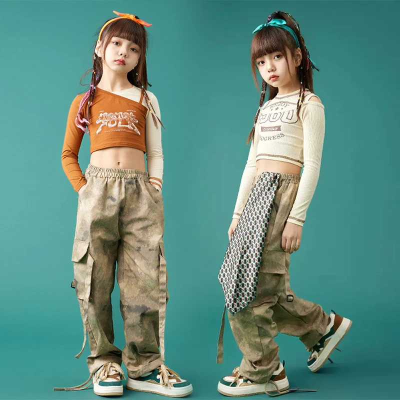 

Kpop Outfit Jazz Dancewear For Girls Streetwear Children Hip Hop Dancing Clothes Tops Cargo Pants Street Dance Costume DL10103